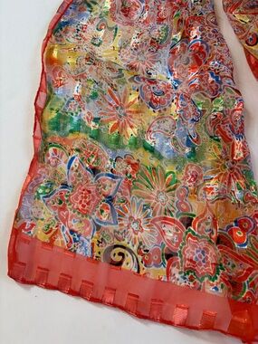 Bright Multi Floral Paisley Sheer Scarf with Pink Trim, 58” x 13”